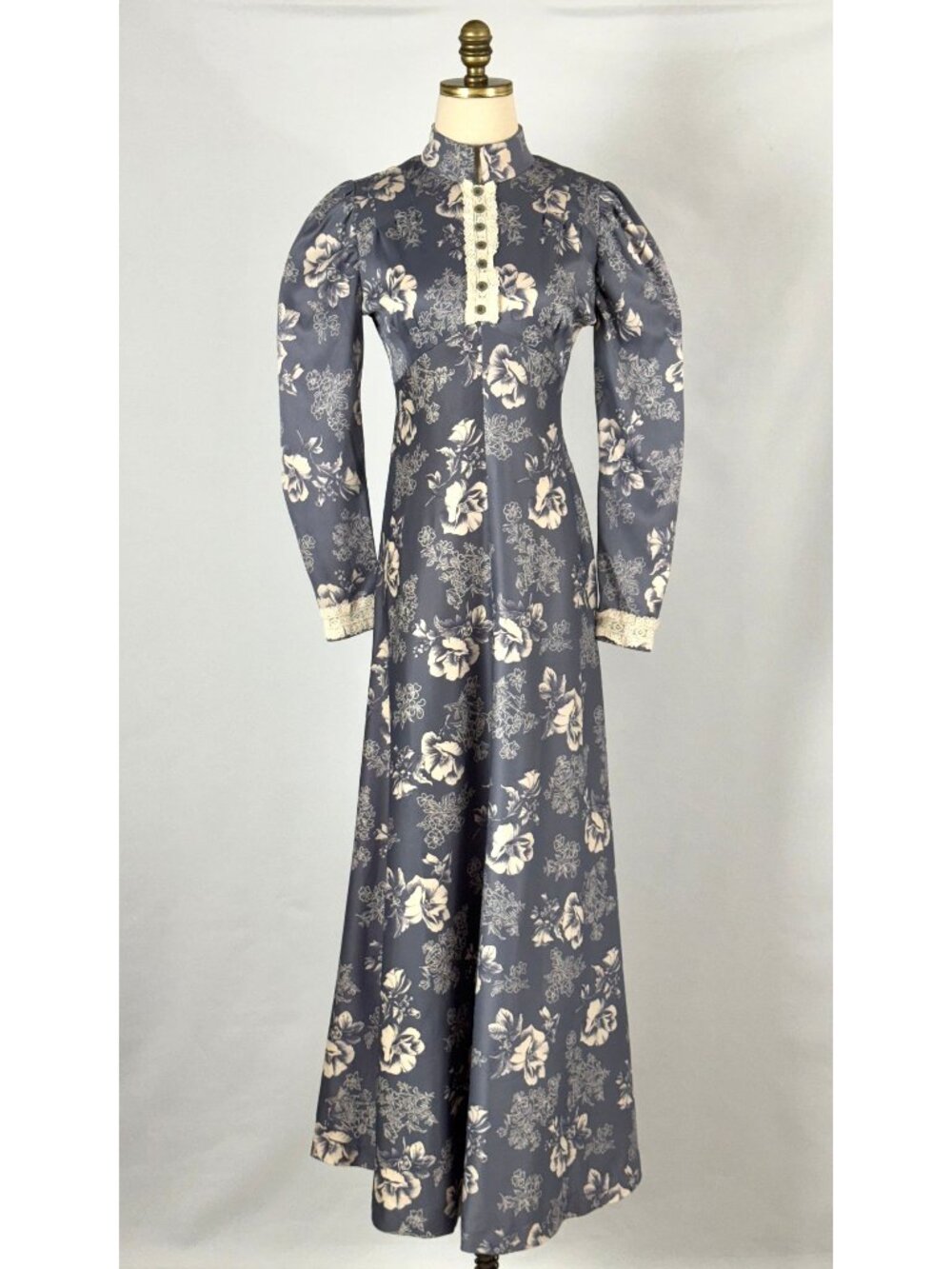Vtg 70s Floral Prairie Maxi Dress Empire Waist Lace Trim Victorian Puff Sleeves